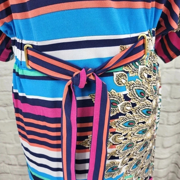 LAUNDRY BY SHELLI SEGAL Striped Peacock Belted Dress Sz XS - Picture 5 of 14